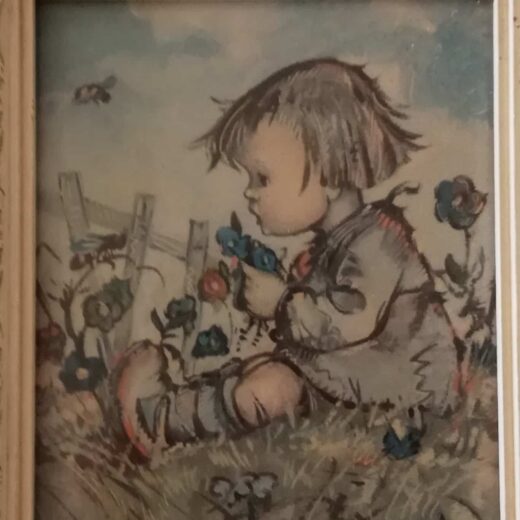 Vintage prent meisje in het gras - Bukac